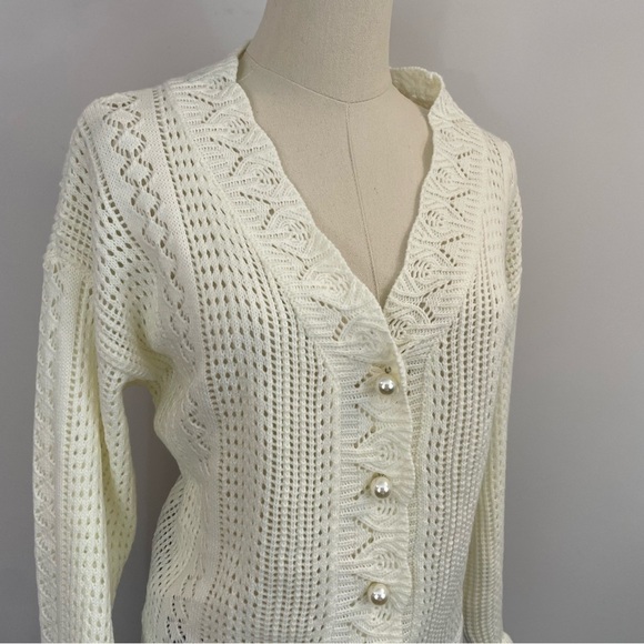 Oni Open Knit Cardigan Sweater Womens M Cream Crochet Grandma Pearl Buttons! EUC - Picture 2 of 14